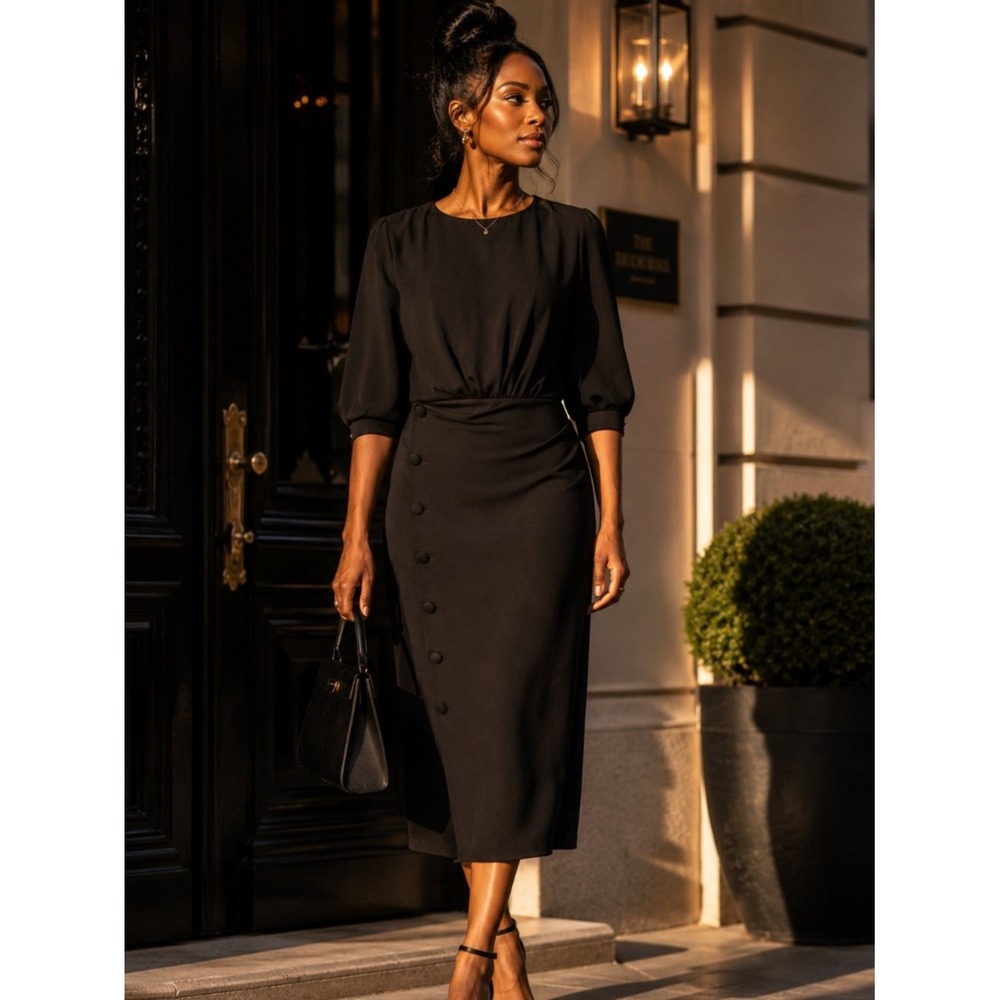 ASOS Black Draped Midi Dress | Size 16 | Effortless Sophisticated Style